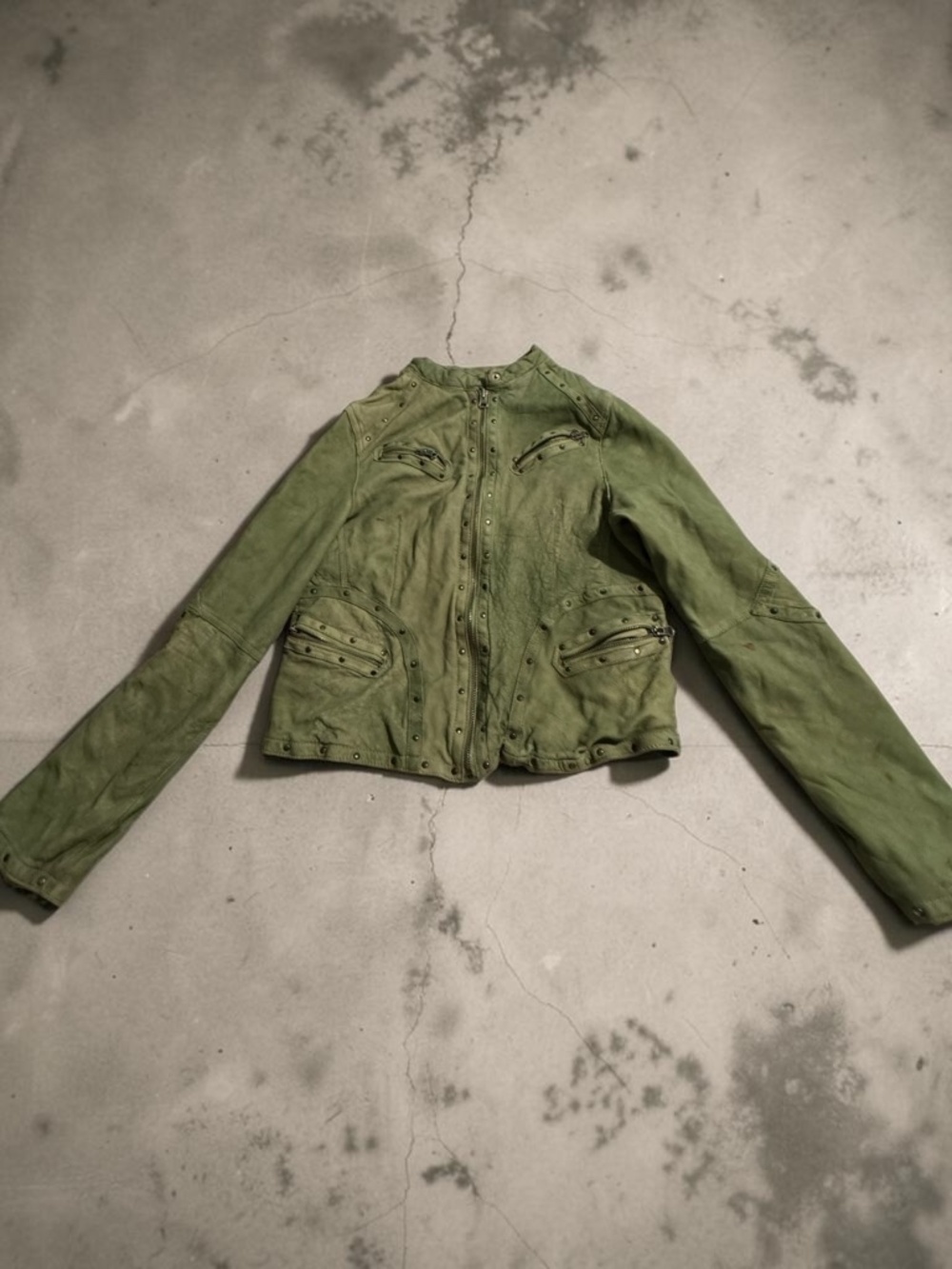 VINTAGE WILSON LEATHER GREEN JACKET, DISTRESSED, size S